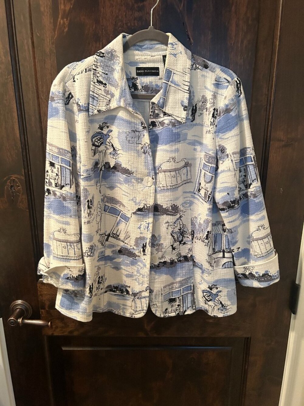 Dana Buchman jacket - white w/blue black print - size 14